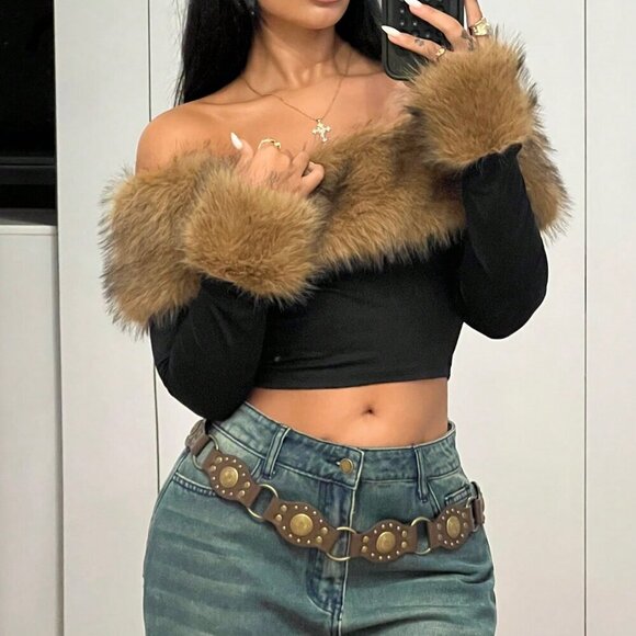 Multicolor Casual Women's Fluffy Collar Splice Off Shoulder Long Sleeve T-Shirt - Picture 4 of 6